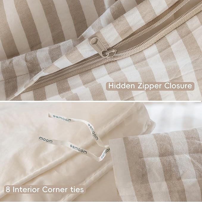 MooMee Striped Duvet Cover Set 100% Washed Cotton Linen Like Textured Breathable Durable Soft Comfy (Tannish Linen Grey White Classic Stripes, Cal King 104"x98")
