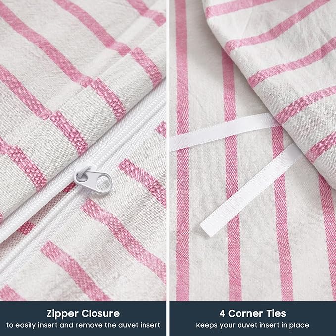 Wake In Cloud - Striped Cotton Duvet Cover Set, Ticking Stripe Vertical Pinstripe Farmhouse, 100% Washed Cotton Textured Percale Bedding Set, 3 Pieces, Pink White, Twin Size