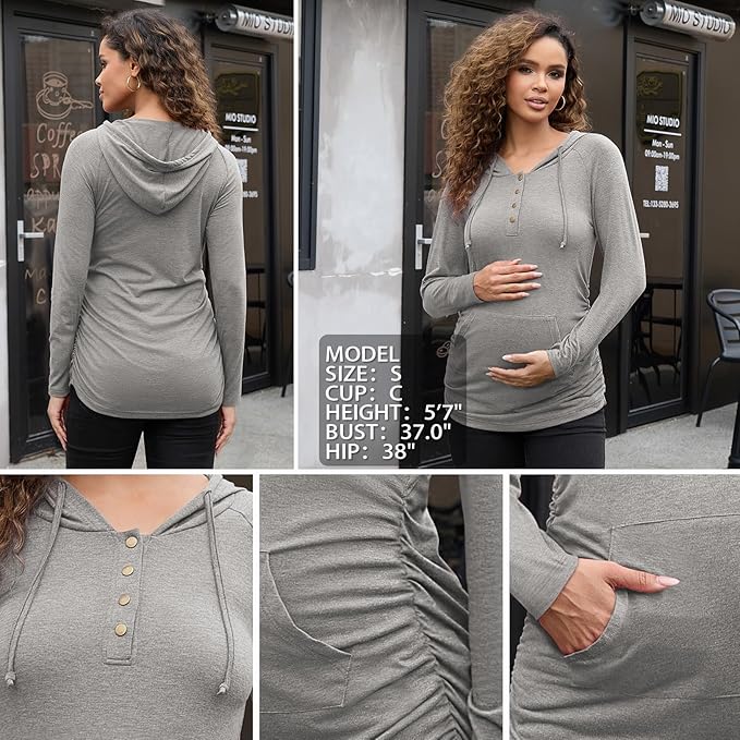 Bhome Maternity Hoodies Button Front Drawstring Hooded Shirt Long Sleeve Pullover Lightweight Sweatshirt with Kangaroo Pocket