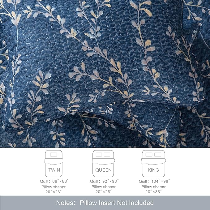 Exclusivo Mezcla Reversible Boho Quilts King Size, Navy Bedspreads Lightweight Coverlet All Season Flowers Quilt Bedding Set with Printed Floral Pattern (1 Quilt, 2 Pillow Shams)