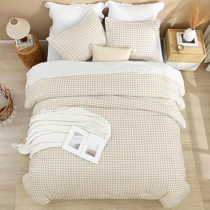 Andency Beige Gingham Comforter Set Twin(66x90Inch), Cream Checkered Grid Plaid Buffalo Bed Set for Girls Boys Kids Teens, 2 Pieces Lightweight Microfiber Geometric Preppy Bedding