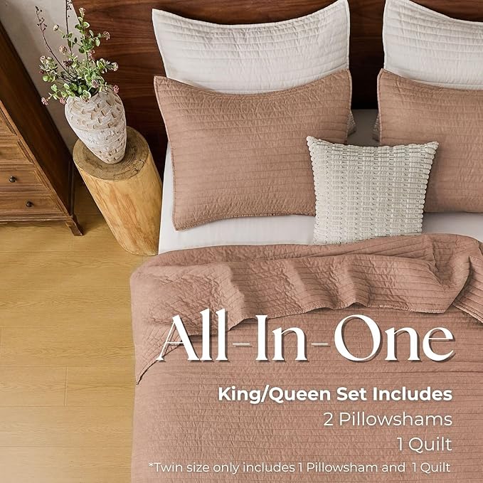 DOWN HOME King Quilt Bedding Set with Shams, Vintage Washed Soft Quilted Blanket Thin Comforter Lightweight Bedspread Coverlet Bed Cover, Brushed Microfiber Stripe Stitching, Desert Blush, 104"x90"