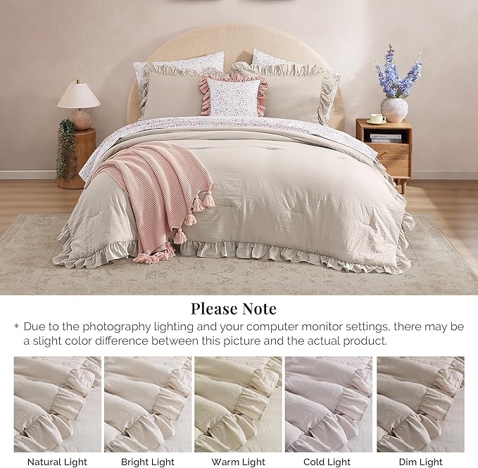 Twin XL Comforter Set - 5 Pieces Ruffle Birch Bedding Sets, Shabby Chic Farmhouse Bed in a Bag Twin XL with Ruffle Comforter, Floral Sheets, Pillowcases & Shams
