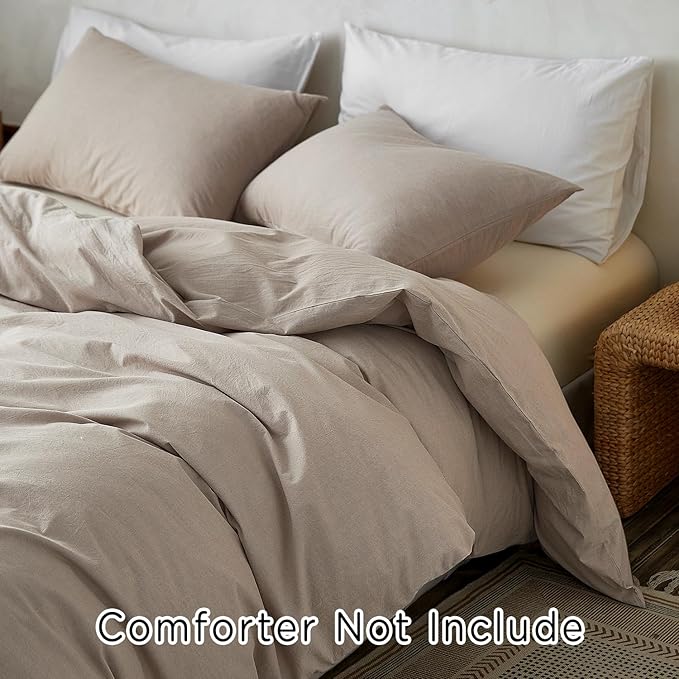 TOCOMOA Duvet Cover Set 100% Washed Cotton Linen Feel Soft Comfy Breathable 3 Piece Comforter Covers Bedding Set (King, Heathered Linen Grey)