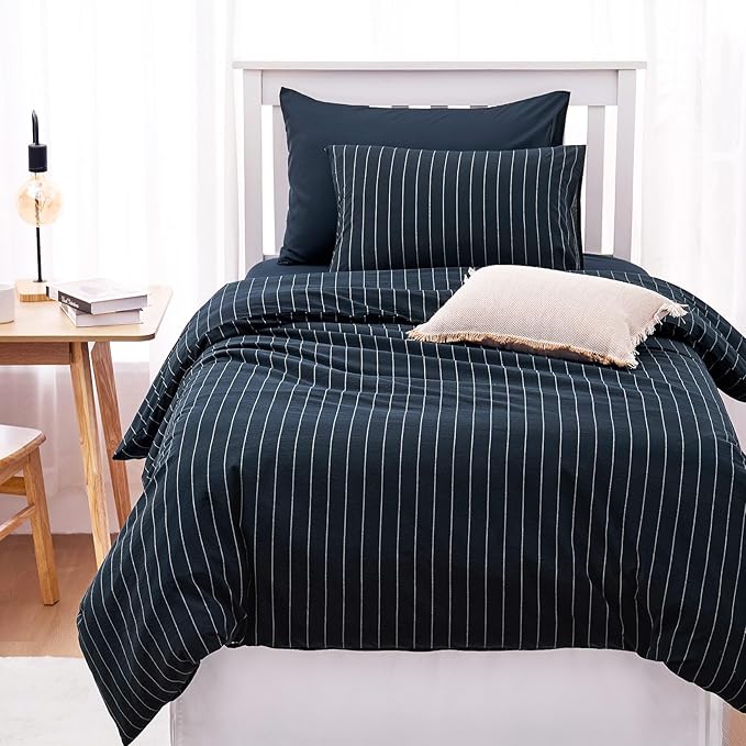 Wake In Cloud - Striped Cotton Duvet Cover Set, Ticking Stripe Vertical Pinstripe Farmhouse, 100% Washed Cotton Textured Percale Bedding Set, 3 Pieces, Navy Blue, Twin Size