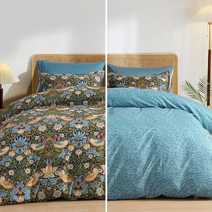 PHF Ultra Soft Floral Duvet Cover King Size, Revisible Boho Printed Vintage Bedding Set 3 Pieces, Comfy Durable Morris Garden Duvet Cover Set with 2 Pillow Shams, Zipper Closure and 8 Ties, 104"x90"