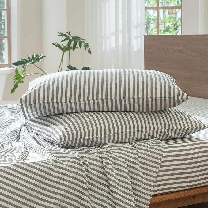 MooMee Striped Duvet Cover Set 100% Washed Cotton Linen Like Textured Breathable Durable Soft Comfy (Heathered Green Classic Stripes, Super King 108"x98")