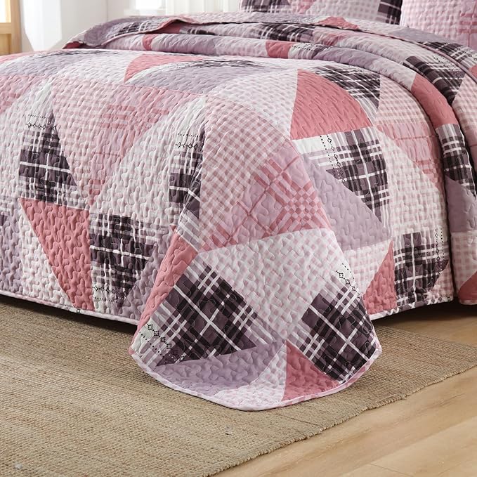 Annibedding Pink Quilt Queen Size, 3 Pieces Patchwork Bedspread Geometric Bedding Set for All Season, Soft Lightweight Reversible Plaid Bedspread with Wave Quilting (Queen, 96''x90'')
