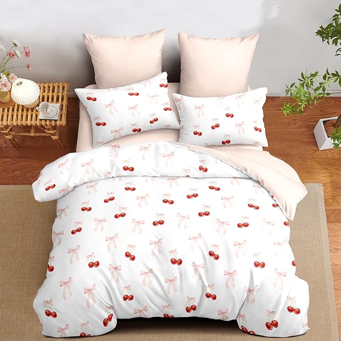 Nayoroom Pink Bow Duvet Cover Queen Size Reversible Red Cherry Duvet Cover 3 Pieces Soft Lightweight Microfiber Kids Girls Cute Aesthetic Dorm Bedding Set