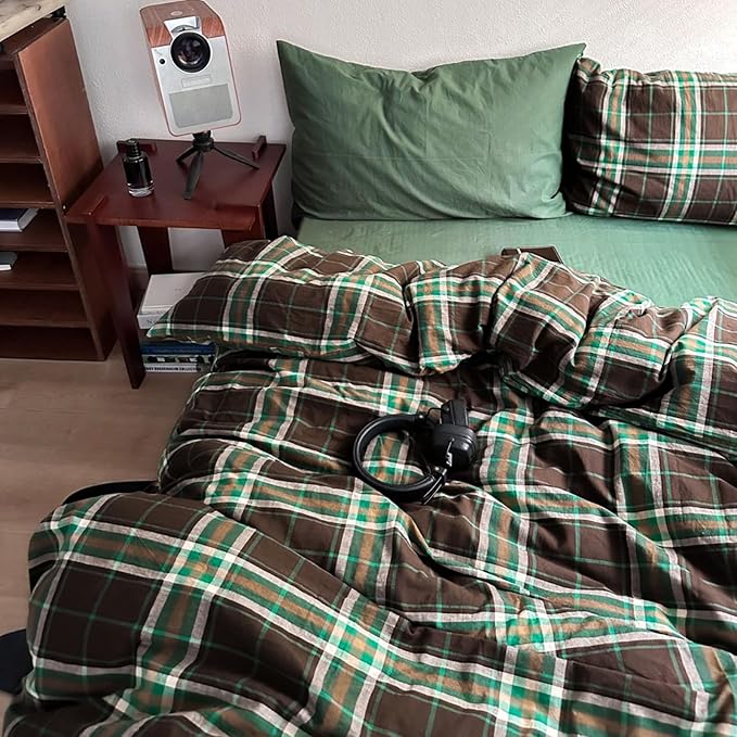 LifeTB Brown Green Plaid Comforter Set King Size, 3 Pieces Grid Gingham Bedding Comforter with 2 Pillowcases, Fluffy Soft Farmhouse Grid Bedding Vintage Plaid Checkered Comforter Set for All Seasons
