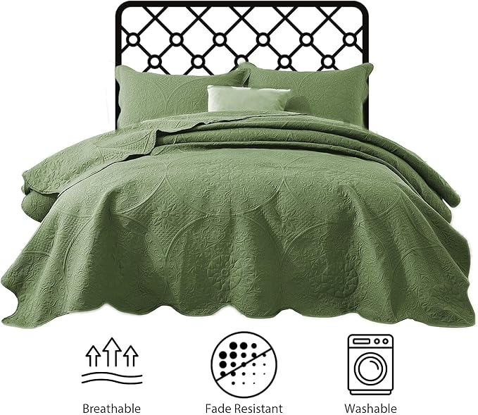 MOONLIGHT20015 Twin Quilt Bedding Set Size (66" x 86 ") + 1 Pillow Sham (20" x 26" + 2") - 2 Pcs All Season Lightweight Reversible Microfiber Coverlet Floral Embossed Bedspread (Olive Green)