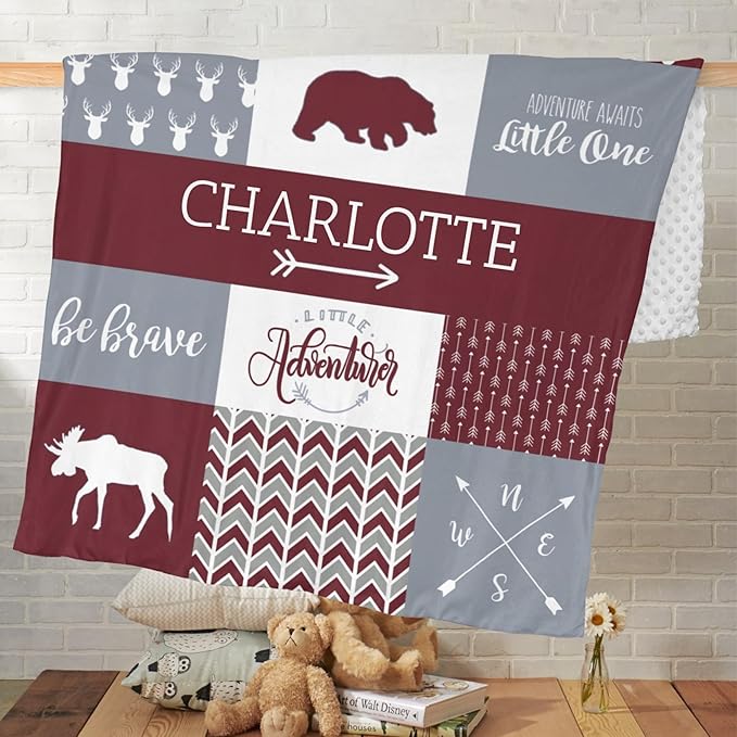 Custom Bear Baby Blanket for Girls, Baby Blanket with Name - 35 x 45 Blankets with Double Layer Dotted Backing - Shower Gifts for Nursery - Essential Bebe Stuff, Deep Red