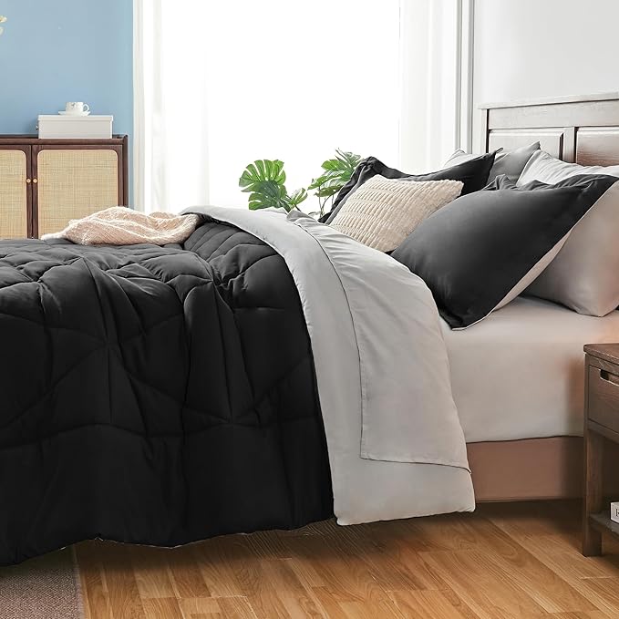 BEDELITE California King Size Comforter Set 7 Pieces Bed in A Bag - Soft Microfiber Reversible Cal King Black Bed Set with Comforters, Sheets, Pillowcases & Shams, Cozy Bedding Sets for All Season