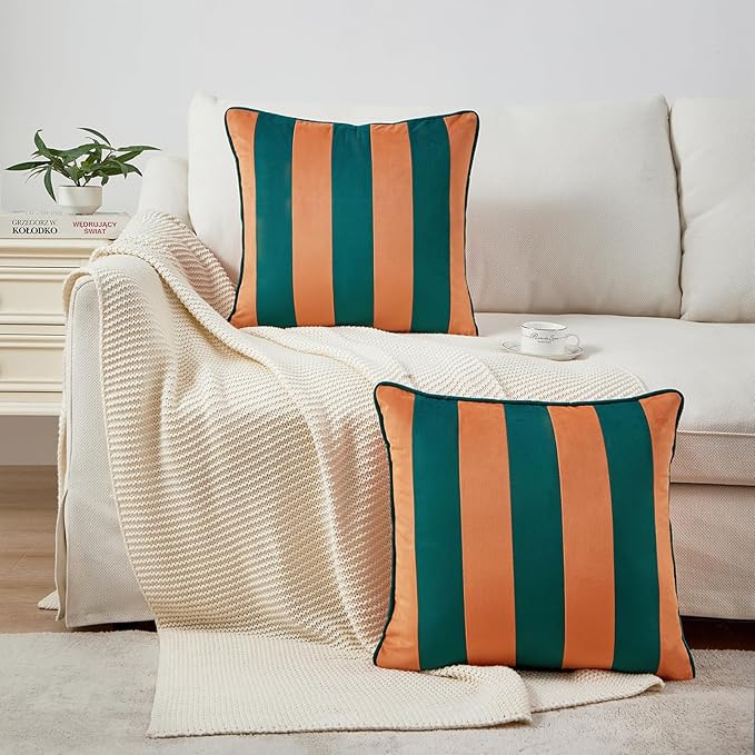 MONDAY MOOSE Decorative Throw Pillow Covers Cushion Cases, Set of 2 Soft Velvet Striped Piping Edge Designs, Pillow Inserts Not Included (18x18 inch, Coral/Dark Teal)