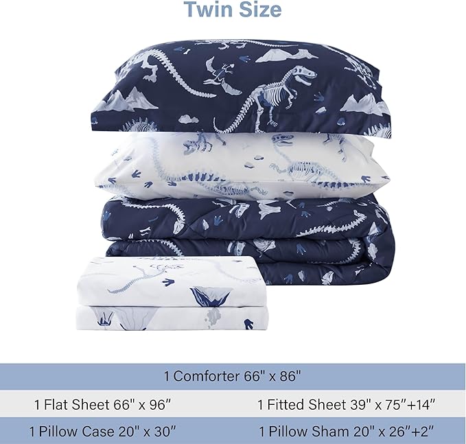 Blue Dinosaur Twin Comforter Set for Boys, 5 Pieces Kids Bedroom Bedding with Sheets and Pillowcase, Super Soft Lightweight for All Season, Machine Washable
