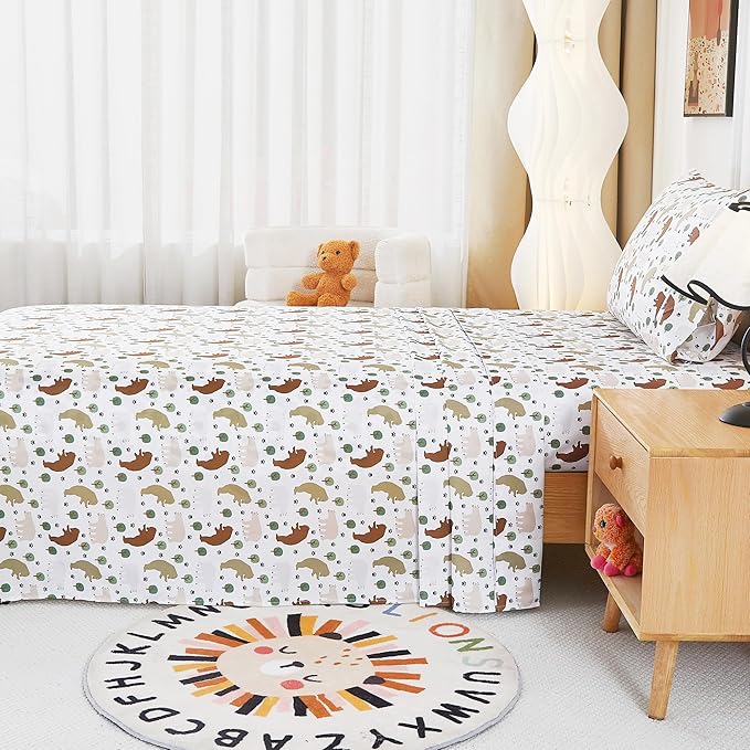 Kids Sheet Set Twin Size, Twin Sheet Set with Forest Bear Pattern,Breathable Silky Soft Microfiber Kids Fitted Sheet