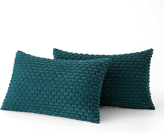 MIULEE Pack of 2 Decorative Lumbar Throw Pillow Covers 12x20 Inch Soft Boho Striped Textured Corduroy Pillow Covers Modern Farmhouse Home Decor for Couch Bed Sofa Living Room Teal Blue
