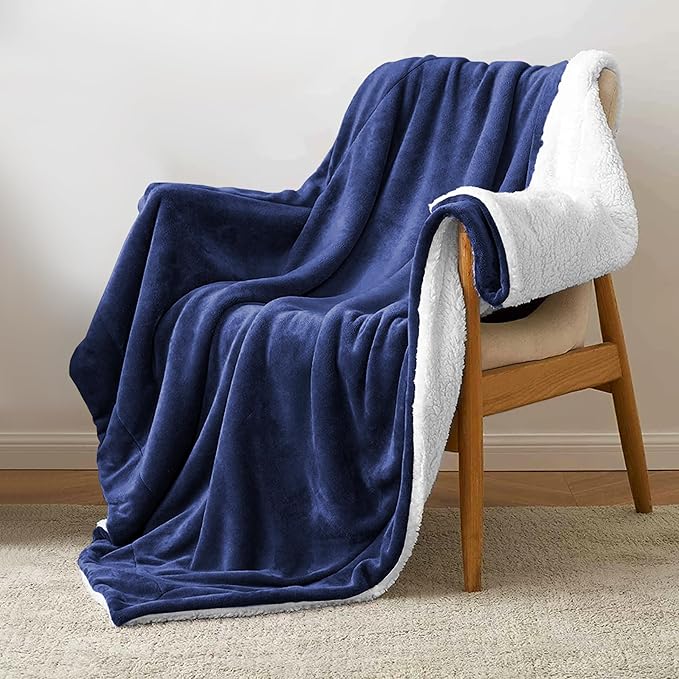 MOONLIGHT20015 Sherpa Blankets Queen Size - (Navy, 90X90 Inches) Fuzzy, Soft and Wool/Fleece Blanket for Bed, Fluffy Blankets for Winter, Camping and Travel