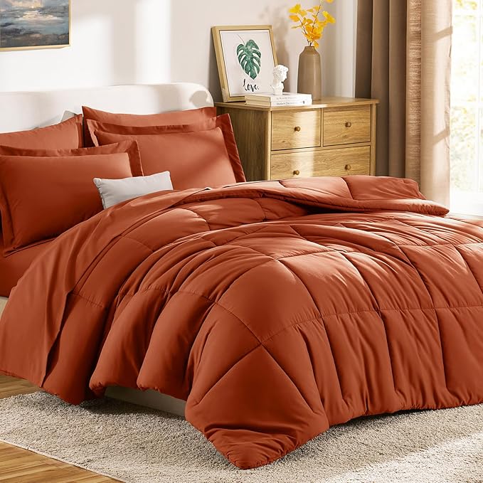 CozyLux King Size Comforter Set Terracotta - 7 Pieces Bed in a Bag King, Okeo-Tex Certifited Bedding Set, All Season Soft Bed Set with Down Alternative Comforter, Sheets, Pillowcases & Pillow Shams