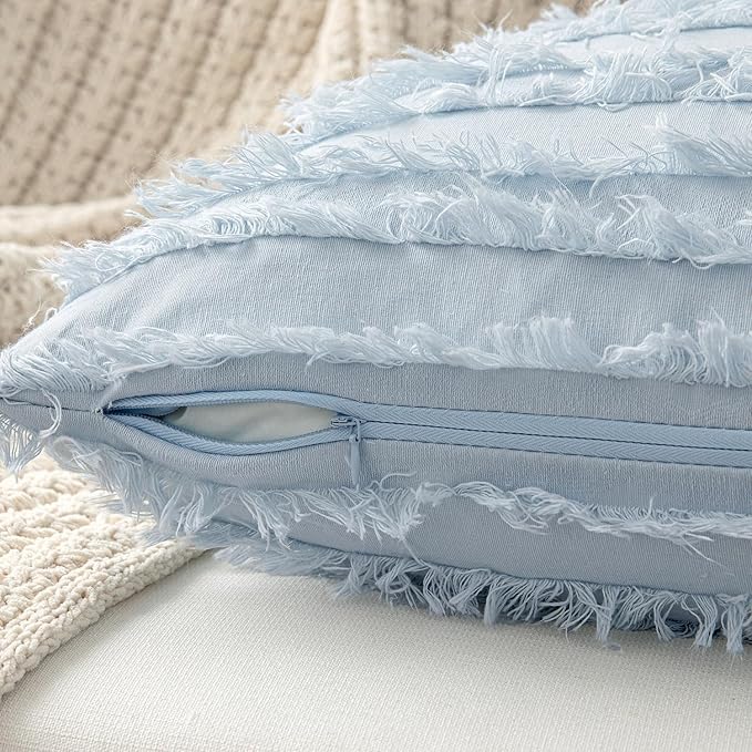 MIULEE Set of 2 Decorative Boho Throw Pillow Covers Linen Striped Jacquard Pattern Summer Cushion Covers for Sofa Couch Living Room Bedroom 20x20 Inch Light Blue