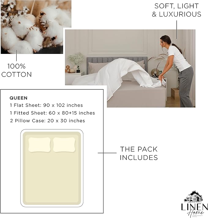 Linen Home 100% Cotton Percale Sheets Queen Size, Cream, Deep Pocket, 4 Pieces Set - 1 Flat, 1 Deep Pocket Fitted Sheet and 2 Pillowcases, Crisp Cool and Strong Bed Linen