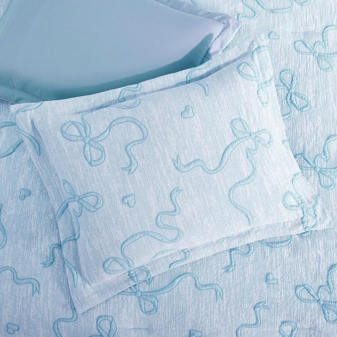 Geniospin Light Blue Queen Comforter Set for Girls- 7 Pieces Bowknot Jacquard Bed in A Bag Queen Bedding Sets with Sheets, Pillowcases & Shams, All Season Kids Comforter Set