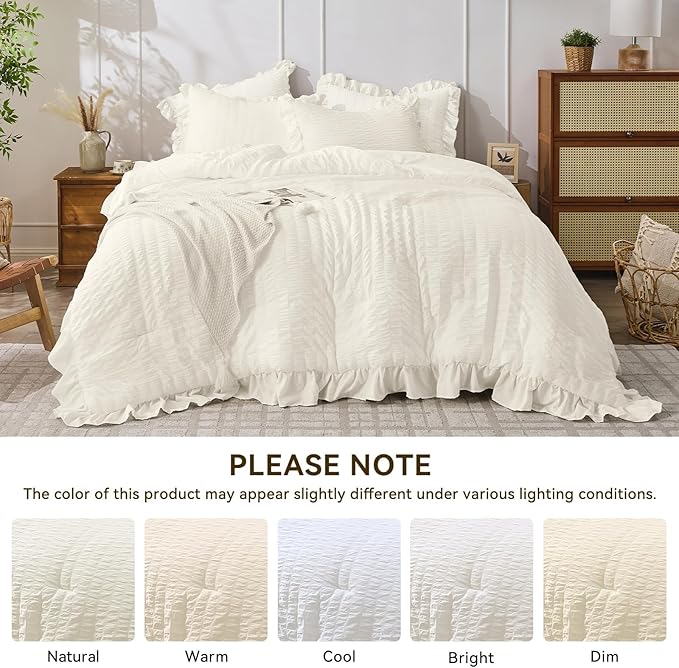 JOLLYVOGUE Ivory Twin Size Comforter Set, 2 Pieces Seersucker Lightweight Fluffy Bedding Set, Twin Ruffle Comforter, All Season Soft Microfiber Shabby Chic Bed Set