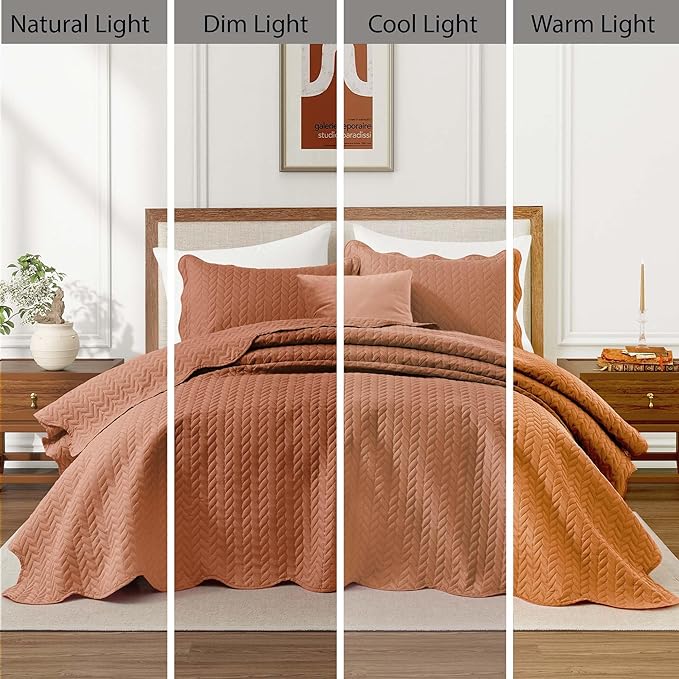 IR Imperial Rooms King Quilt Bedding Set Size (106" x 96") + 2 Pillow Shams (20" x 36"+ 2") - 3 Pcs All Season Lightweight Reversible Microfiber Coverlet Embossed Quilt Bedspread (Rust)