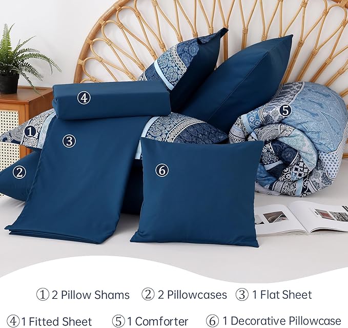 Boho Comforter Set Queen Size,8 Pieces Navy Blue Bohemian Striped Bed in a Bag,Paisley Soft Microfiber Bedding Comforter Set