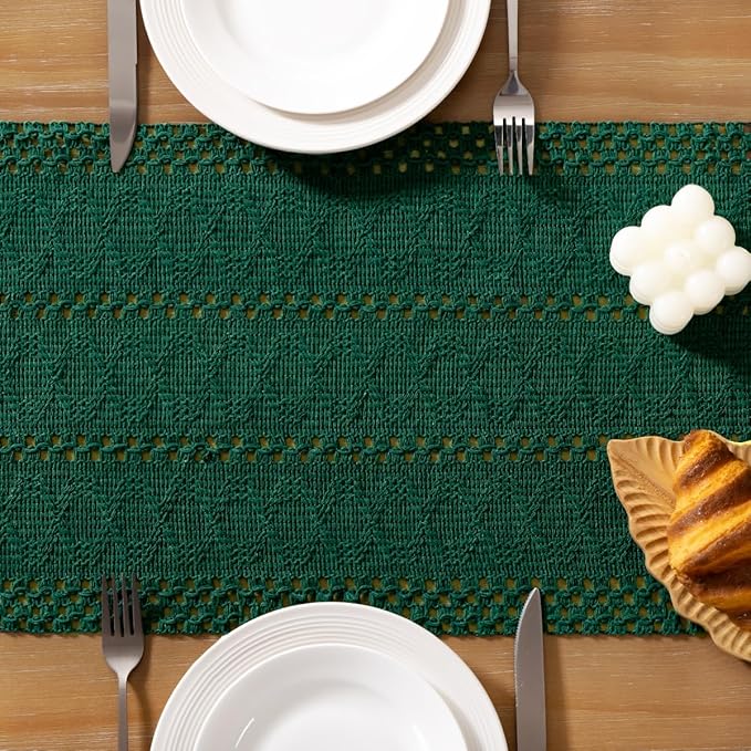 Socomi Boho Table Runner Easter Spring Farmhouse Rustic Dining Kitchen Centerpiece Decor Small Macrame Woven Cotton Linen Coffee Table Runner for Dresser Scarf Home Decor 12x36 inch Emerald Green