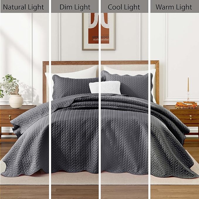 MOONLIGHT20015 Twin Quilt Bedding Set (68” x 86”) - Bulk Pack of 10 Wholesale for Hotels, Guest Bedroom & Airbnbs - Lightweight Microfiber Reversible Embossed Quilts Bedspreads (Charcoal)