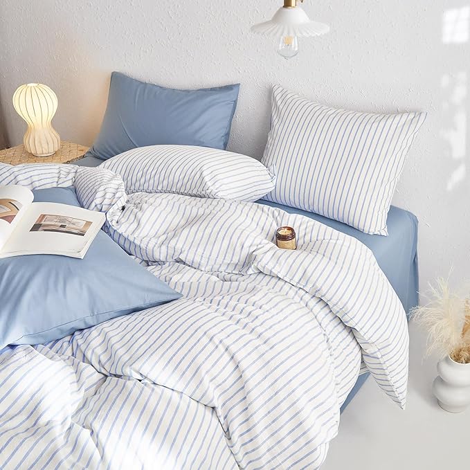Wake In Cloud - Striped Cotton Duvet Cover Set, Ticking Stripe Vertical Pinstripe Farmhouse, 100% Washed Cotton Textured Percale Bedding Set, 3 Pieces, Blue White, Queen Size
