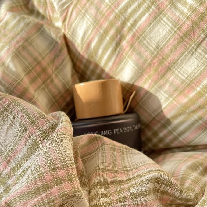 mixinni King Duvet Cover Set - 3 Piece Washed Cotton Vintage Geometric Plaid Bedding Set with Zipper Closure, Soft & Breathable Green Pink White Buffalo Check Pattern for All Seasons