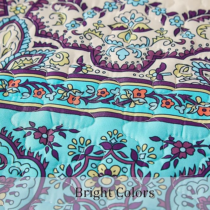 WONGS BEDDING Boho Quilt Set,Blue Purple Bohemian Striped Pattern Printed Quilt Coverlet, Lightweight Microfiber Bed Decor Bedspread for All Season 114"x102"(3 Pieces, Super King)