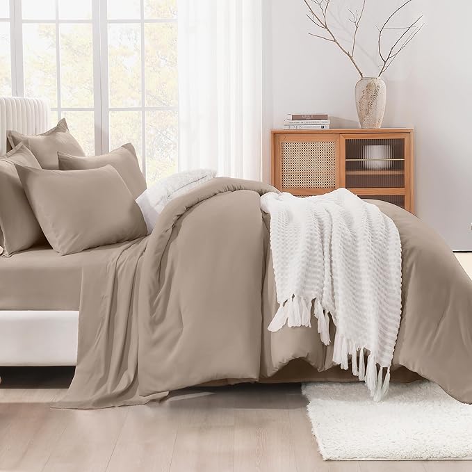 Litanika Full Size Comforter Sets Light Coffee - 7 Pieces Bed in a Bag Beddding Sets, Solid Lightweight Bed Set with Comforter, Sheets, Pillowcases & Shams