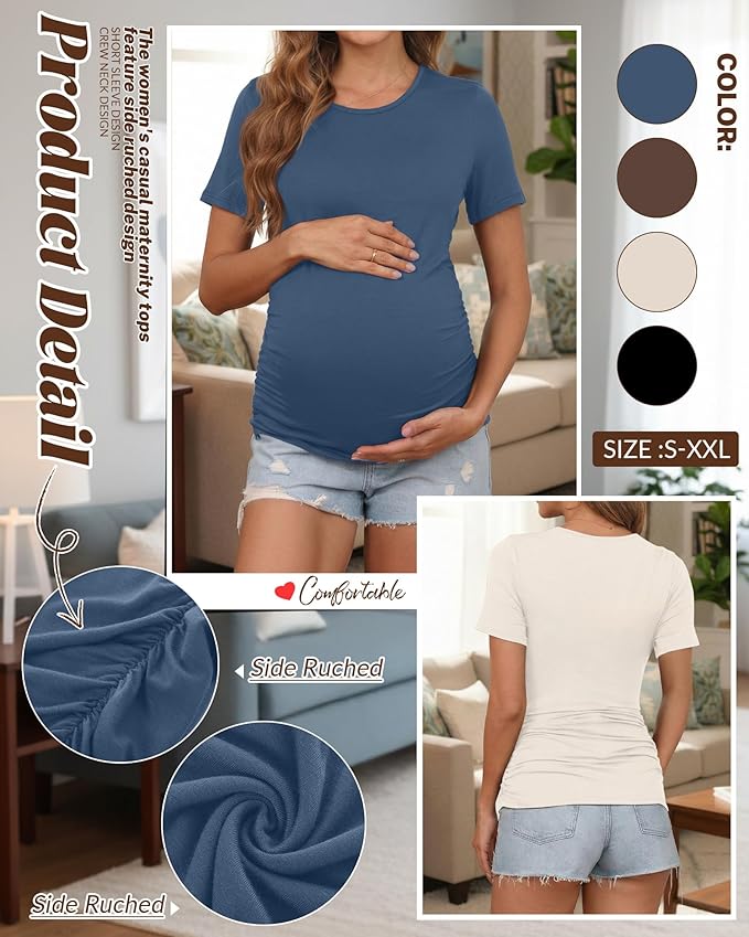 Huukeay 4 Pack Women's Maternity Shirts, Crew Neck Maternity Top Short Sleeve Casual Cotton Tee Side Ruched Pregnancy Clothes