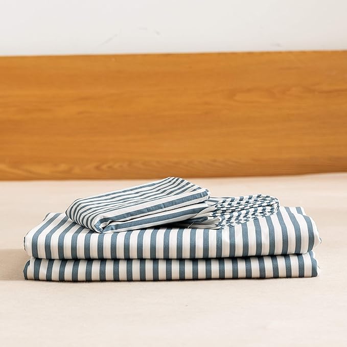 JELLYMONI 100% Natural Cotton 3pcs Striped Duvet Cover Sets,White Duvet Cover with Grayish Blue Stripes Pattern Printed Comforter Cover,with Zipper Closure & Corner Ties(Full Size)