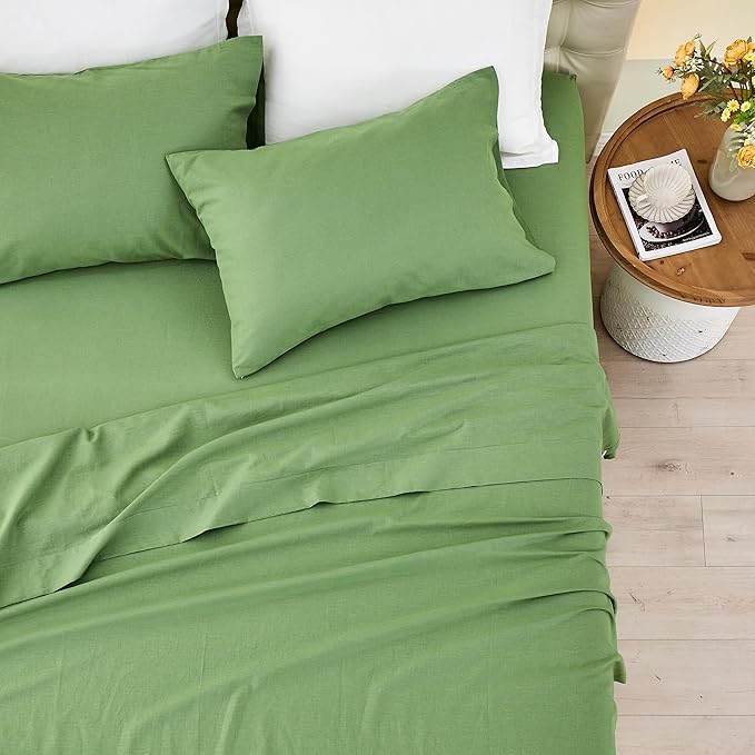 Simple&Opulence Belgian Linen Sheet Set Solid Color - 4 Pieces (1 Flat Sheet & 1 Fitted Sheet & 2 Pillowcases) Natural Flax Cotton Blend Soft Bedding Breathable Farmhouse - Khaki Green, King Size
