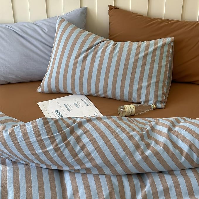 LifeTB Vintage Striped Comforter Set Twin XL, Blue Brown Stripes Print Reversible Bedding Set, 3 Pieces Lightweight Bedding Comforter with 2 Pillowcases, Farmhouse Striped Twin XL Comforter Set