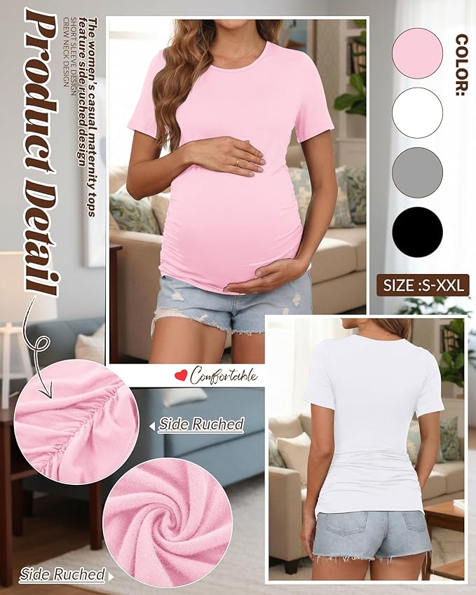 Huukeay 4 Pack Women's Maternity Shirts, Crew Neck Maternity Top Short Sleeve Casual Cotton Tee Side Ruched Pregnancy Clothes