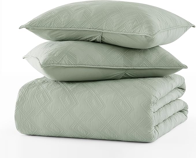 WDCOZY 100% Cotton King Size Quilt Set - Sage Green Pre-Washed Soft Lightweight Modern Bedspread, Farmhouse Country Rustic Coverlet, Textured Like Linen, Shabby Chic Gauze Bedding, 3 Pieces