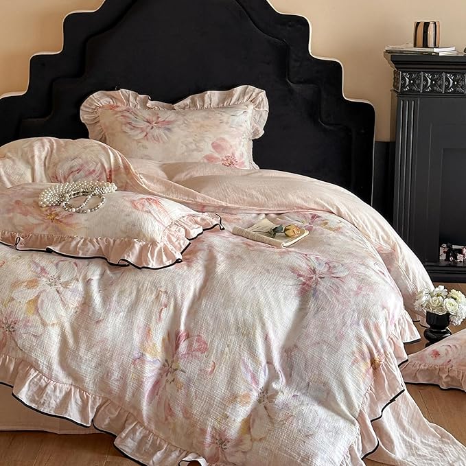 HighBuy Ruffle Floral Bedding Linen Duvet Cover King,Yarn-Dyed Cotton Linen Textured Breathable Cottagecore Bedding Set for Women Girls,1 King 104"x90" Duvet Cover and 2 Ruffle Pillowcases