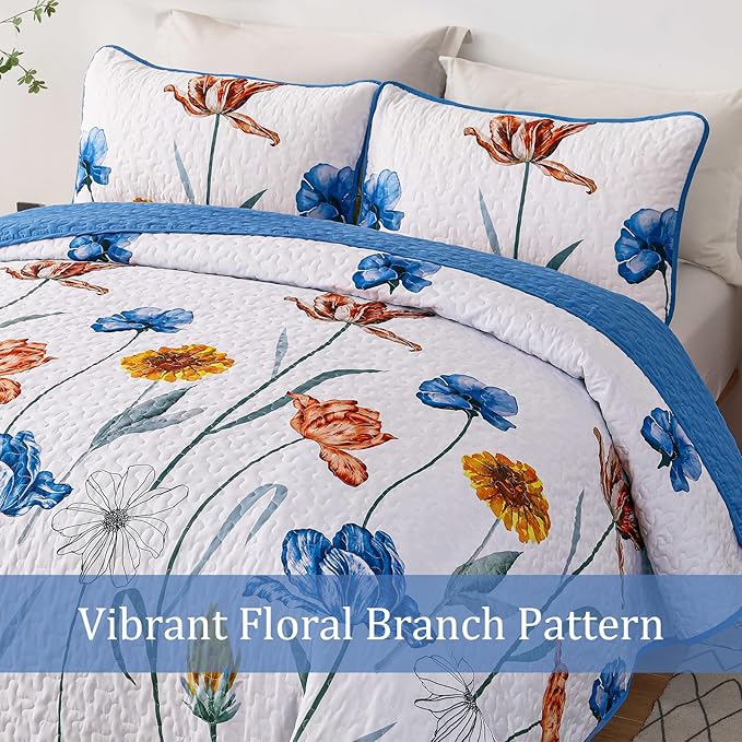 WONGS BEDDING Blue Quilt Set King Size,Cute Floral Botanical Bedspread Bedding Set with 2 Pillowcase,Lightweight Farmhouse Coverlet Set for All Season (104"x90")