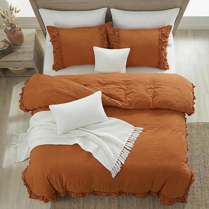 Bedorm Ruffled King Duvet Cover Burnt Orange Bedding Set Rust Lace Ruffle Boho Chic Bedroom Decor Super Soft Breathable Pumpkin Duvet Cover Set French Country Style
