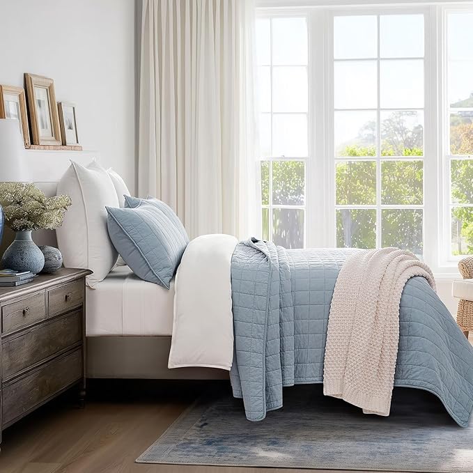 EVERGRACEHOME 100% Cotton Box Stitch Quilt Bedding Set Queen Size 3 Pieces, Garment-Washed Lightweight Soft Cozy Coverlet, Quilted Bedspread Sets with 2 Shams for All Season, Blue Linen