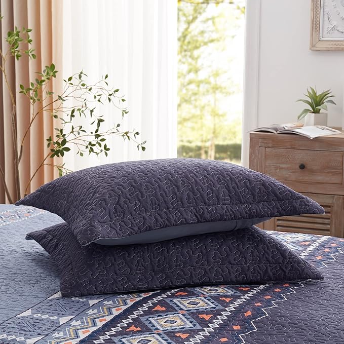 LEAONME Quilt Set King Size Bedspread 3 Piece Coverlet Lightweight Comforter Microfiber Bedding Set All Season Oversized 98x106 Inch Bed Cover Bohemian Patchwork Navy Blue(1 Quilt, 2 Pillow Shams)