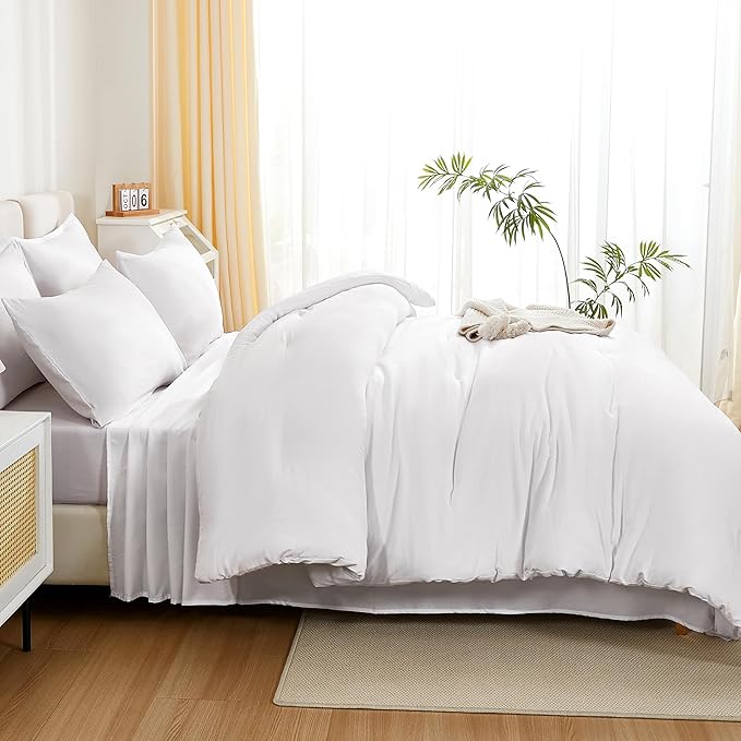 Litanika Twin XL Comforter Set White - 5 Pieces Twin Extra Long Bed in a Bag for College Dorm, All Season Bedding Set for Girls and Boys, Soft Bed Set with Comforter, Sheets, Pillowcase & Sham