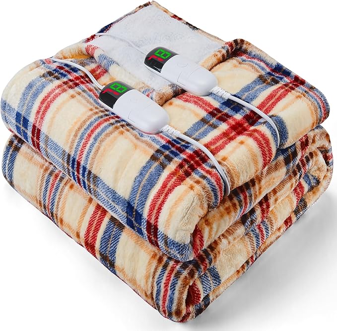 Heated Electric Blanket Queen Size, 84X90 Heating Blanket Queen with Dual Control&10 Heats Levels&Timer for Bed,Brown Plaid Sherpa Soft Blankets Warmer Gift for Grandma Women Adults, Washable