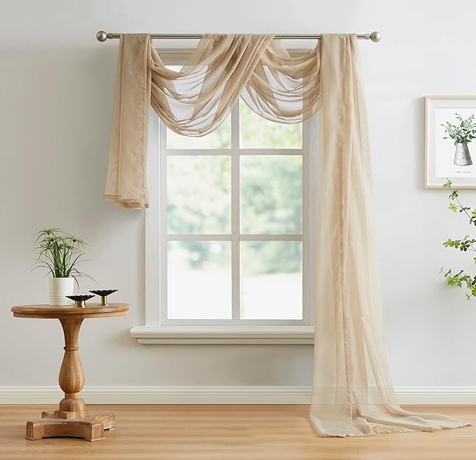 Warm Home Designs Double Window Scarves Bundle. Each White & Brown Window Scarf Valance is 55" x 288". Great for Brown Room Decor, as Canopy Bed Curtains or Draping Fabric. AS White & Taupe 288"