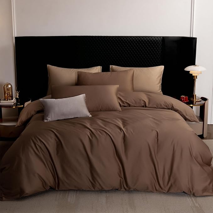 MooMee Duvet Cover Set 100% Extra Long Staple Cotton 600 Thread Count Silky Sateen Smooth Luxury Soft Breathable Durable Hotel Quality Bedding, 3 Pieces (Chocolate Brown, Oversized Queen 98"x98")